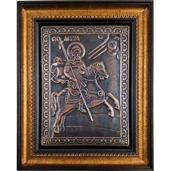 МЕДНА ИКОНА ГОЛЯМА С РАМКА СВЕТИ ВЕЛИКОМЪЧЕНИК МИНА