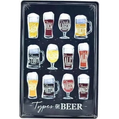 Ceduľa Types Of Beer Vintage style 30cm x 20cm Plechová tabuľa
