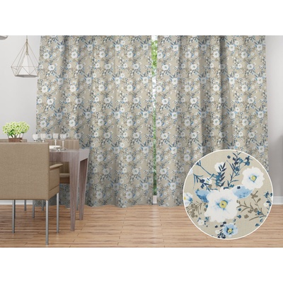 Biante Bavlněný závěs Sandra SA-552 Modré pnoucí květy na béžovém 150x230 cm