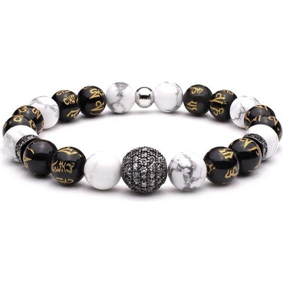 BudNej minerální náramek MAGIC BALL z howlitu a obsidiánu s mantrou MN1144