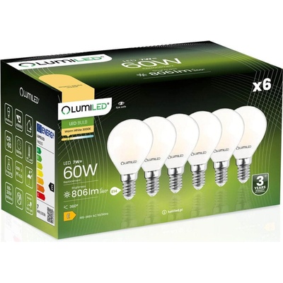 Lumiled 6x LED žárovka E14 P45 7W = 60W 806lm 3000K Teplá bílá 360° Mléčná bublina