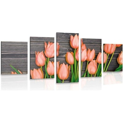 5-dílný obraz okouzlující oranžové tulipány na dřevěném podkladu - 150x75