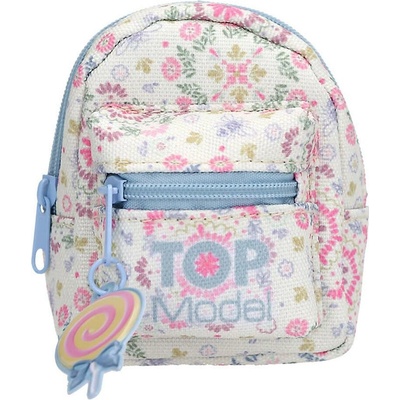Kľúčenka Mini batoh s karabínou a doplnkami Top Model kvety, modrý zips