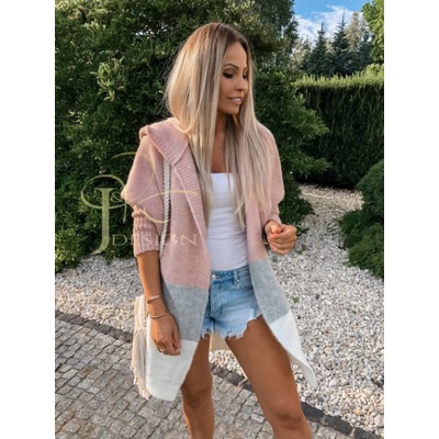 Fashionweek Pletený pruhovaný svetr kabát kabát s kapucí LINDA světle růžová