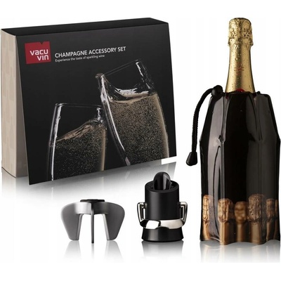 VACU VIN Champagne Set 3 díly černá – plastová zátka na šampaňské s příslušenstvím