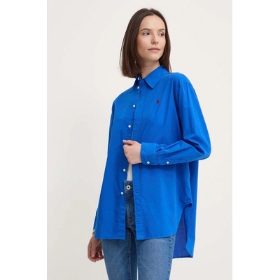 Ralph Lauren bavlnená košeľa Polo dámska voľný strih s klasickým golierom 211916277 modrá