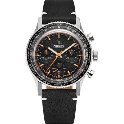 Nivada Grenchen Chronoking Meca Inter. Bezel Black Leather White Stitching
