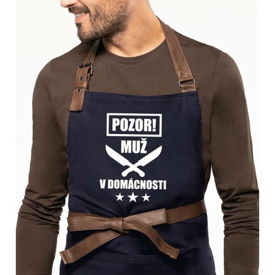 Kariban HobbyTriko Vtipná zástěra na vaření EXCLUSIVE Pozor! Muž v domácnosti Tmavě modrá