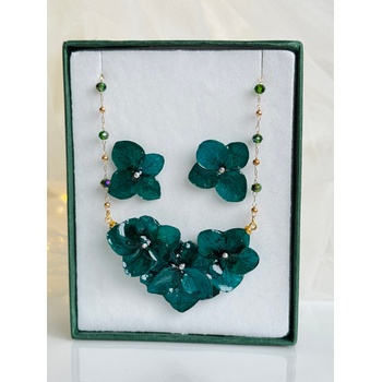 Meganflo Комплект бижута от истински цветя - хортензия в смарагдово зелено