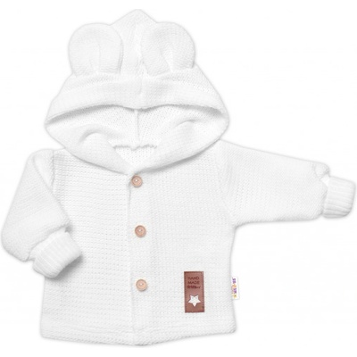 Baby Nellys Elegantný pletený svetrík s gombíkmi a kapucňou s uškami biely