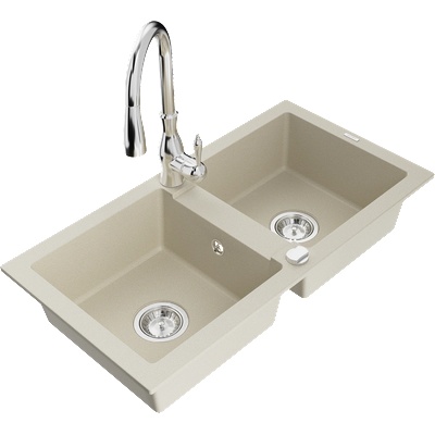 Mexen Mario гранитна кухненска мивка с 2 камери и кухненски смесител Savita, бежов - 6504-69-672601-00 (6504-69-672601-00)