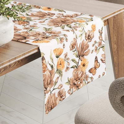 Biante Bavlněný běhoun Sandra SA-458 Hnědé květy magnolie s motýlky na bílém 45x120 cm