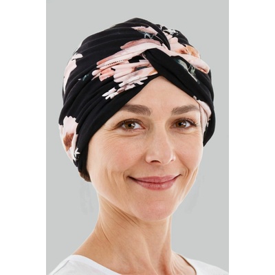 Aradesa dámský turban Floral černý s růžovými květy