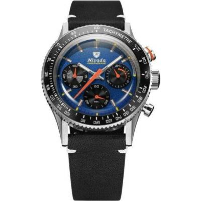 Nivada Grenchen Chronoking Meca Racing Blue - Inter. Bezel - Black Leather White Stitching