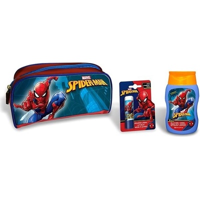 Marvel Spiderman sprchový a kúpeľový gél pre deti 200 ml + balzam na pery + kozmetická taštička darčeková sada