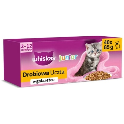WHISKAS Junior Hydinové hody krmivo s kuracím, kačacím, hydinovým a morčacím mäsom v želé pre mačiatka 40 x 85 g