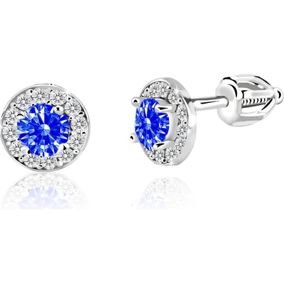 Duppi dievčenské náušnice okrúhle DU 32039 z bieleho zlata s kamienkami uprostred tmavo modrými okolo bielymi zapínánie balónik