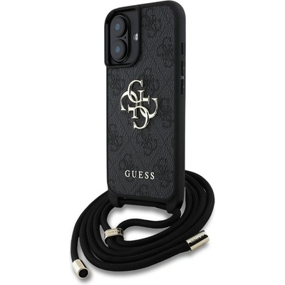 CG Mobile iPhone 16 GUESS PU 4G METAL LOGO CROSSBODY STRAP пластмасов протектор за телефон, удароустойчив, кожен ефект на гърба + каишка за рамо, ЧЕРЕН GUHCP16SP4GMGCRK (GUHCP16SP4GMGCRK)