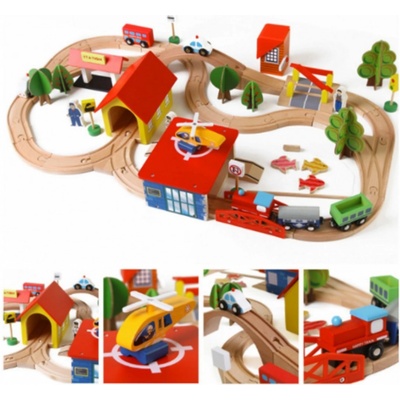 Joko Veľká Drevená Železničná Stanica s Vláčikom a Mostom 69ks + hasičské auto, policajné auto, sanitka, vrtulník