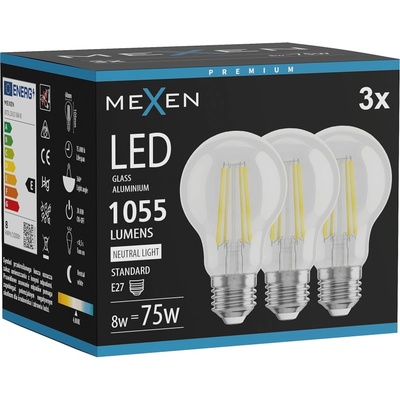 Mexen Vintis 3x LED крушка с нажежаема жичка E27, A60, 8W, Неутрална - 4000K, 1055 lm, (L150-E27-0840-00x03)