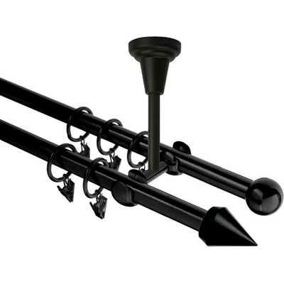 OK-GarnýžeCZ Garnýž kovová dvouřadá 16mm Hrot černá 440 cm do stropu / kroužky s žabkou