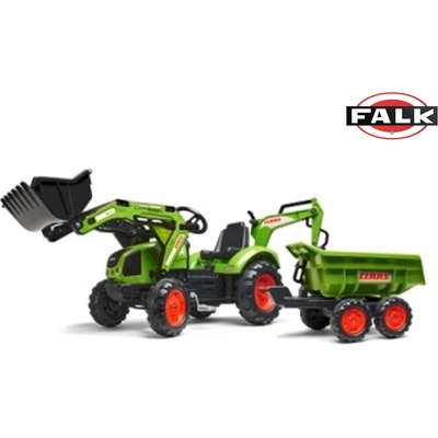 Falk šliapací traktor 2070W Claas backhoe s prednou a zadnou lyžicou a prívesom