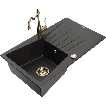 Mexen Cesar мивка от гранит с 1 корито с отцедник и кухненски смесител Carla, черен/златист металик - 6514-75-670700-50 (6514-75-670700-50)