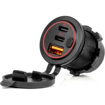AMIO Vodotěsná nabíječka na telefon s vypínačem ČERVENÉ LED podsvícení USB + 2xUSB C QC3.0 12/24V