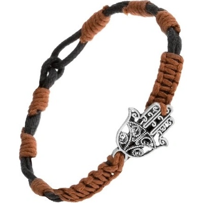 Šperky eshop černo-hnědý šňůrkový s přívěskem ve tvaru vyřezávané ruky Fatimy SP52.08