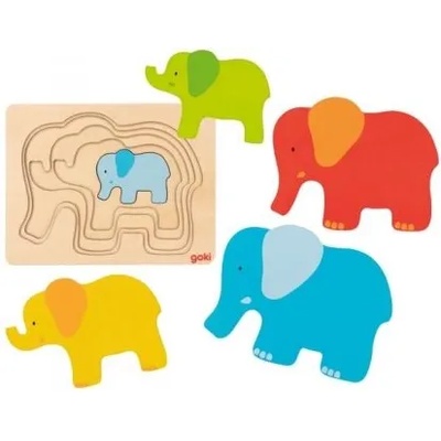 Goki - Дървен многослоен пъзел - Семейство слончета (57450_1)