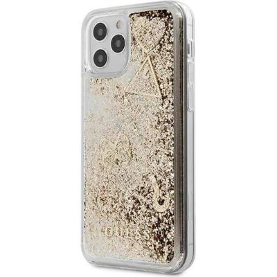 GUESS Liquid Glitter Charms Case - дизайнерски кейс с висока защита за iPhone 12, iPhone 12 Pro (златист)