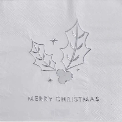Ginger Ray Vánoční ubrousky Cesmína Merry Christmas stříbrná 12,5x12,5cm 16ks