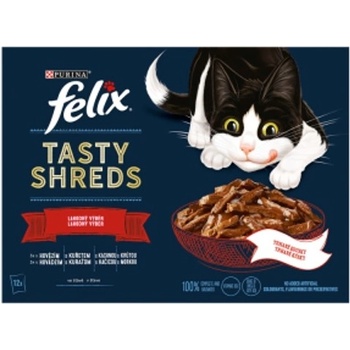Felix Tasty Shreds s hovězím kuřetem lososem tuňákem ve šťávě 12 x 80 g
