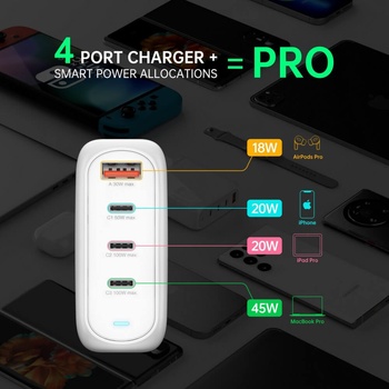 4smarts Захранване за ел. мрежа за лаптопи, смартфони и таблети с 3xUSB-C и 1xUSB-A изходи с технология за бързо зареждане - 4Smarts GaN Charger Flex Pro 100W (бял) (544100)