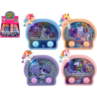 Teddies Vodná hra hlavolam svietiaca jednorožec plast 13x12cm na batérie 4 farby
