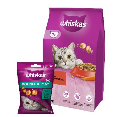 WHISKAS Adult hovězí 14 kg + WHISKAS Energy and Vitality 45g pamlsek pro kočky, s kuřecím masem