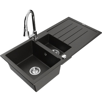 Mexen Andres гранитна мивка 1, 5-камерна с отцедник и кухненски смесител Elia, черен/златен металик - 6515-75-670101-00 (6515-75-670101-00)