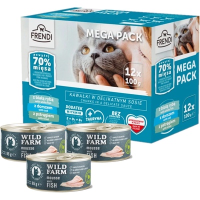 Frendi sáčky bílá ryba/pstruh 12 x 100 g + WILD FARM Mousse White Fish 3 x 85 g