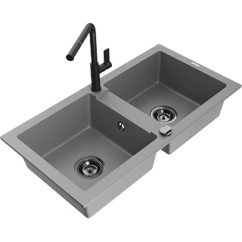 Mexen Mario гранитна мивка с 2 камери с кухненски смесител Flora, сив - 6504-71-670401-70-B (6504-71-670401-70-B)