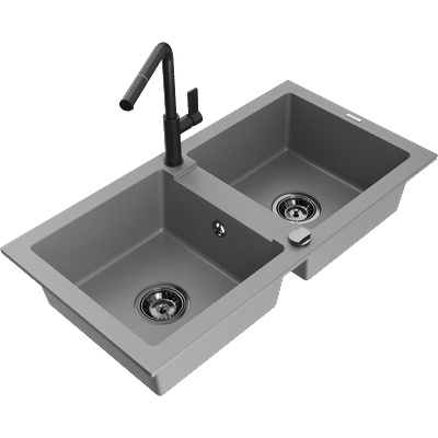 Mexen Mario гранитна мивка с 2 камери с кухненски смесител Flora, сив - 6504-71-670401-70-B (6504-71-670401-70-B)