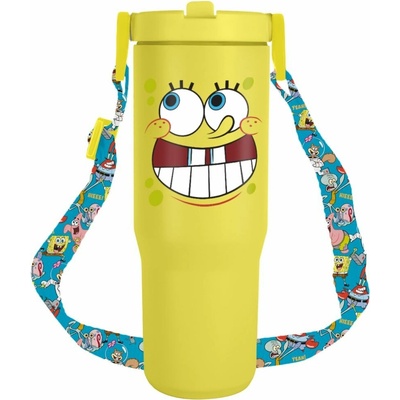 CurePink Cestovní termo hrnek s popruhem Spongebob Úsměv 880 ml