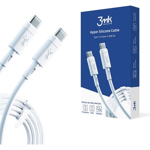 3mk Protection - Кабел за данни Hyper Silicone - USB-C към USB-C, 60W, 3A, 1m - Бял