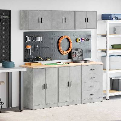 vidaXL гаражни шкафове, 6 бр, бетонно сиви, инженерно дърво (3328344)