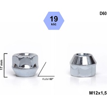 Kolová matice M12x1,5 kužel otevřená, klíč 19, D60, FORD, VOLVO, výška 17 mm