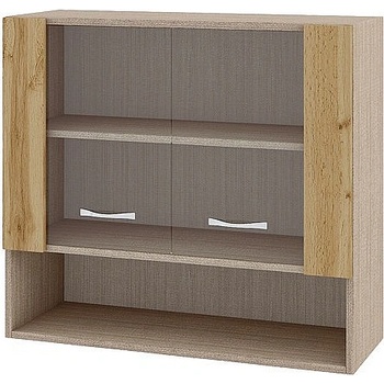 ИРИМ Горен шкаф с две витринни врати и ниша Сити МДД-10 мока / дъб дакота 80 см