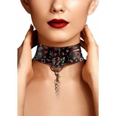 Shots Toys Кожен нашийник с повод Old School Tattoo Style Ouch!