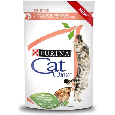 Cat Chow Sensitive - със сьомга и тиква, хапки в сос, за котки с чувствителен стомах 85 гр