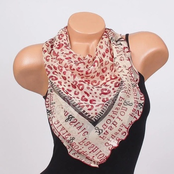 Image 1 of Копринено фишу в цвят шампанско с червени надписи и шарки