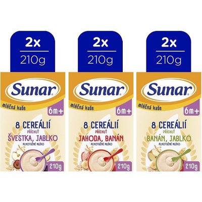 Sunar kaša mliečna 8 cereálií mix príchutí 6m+ 6 x 210 g