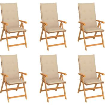 vidaXL Градински столове 6 бр с бежови възглавници тиково дърво масив (3065563)